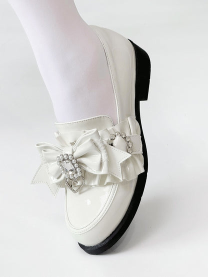 Leather Heels Rhinestone Bead PU Kei with Low Bow Jirai Polished White