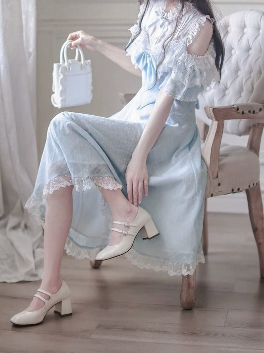 Blue Off-Shoulder Short Sleeve Chiffon Dress with Bow and Lace - Walnut JK