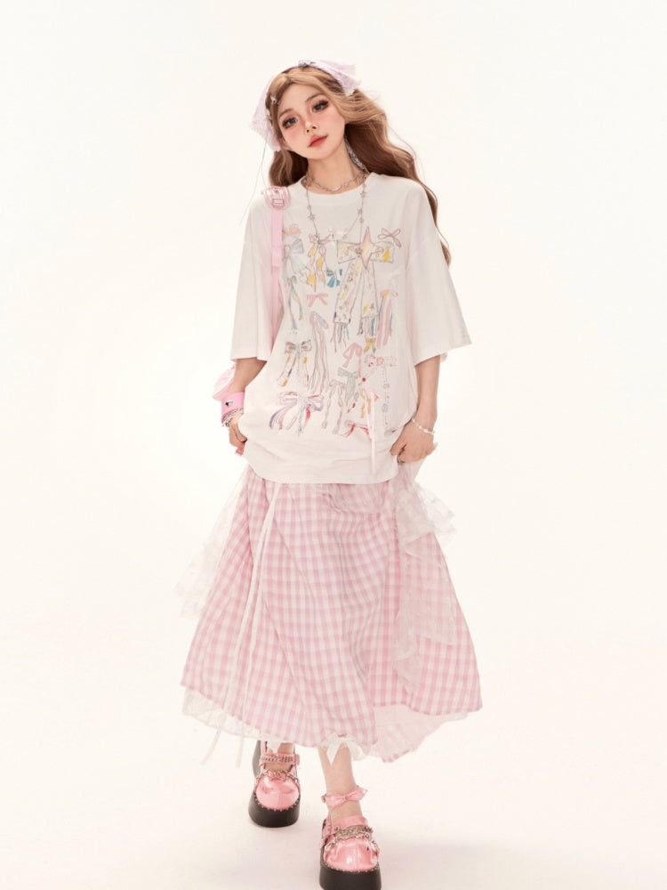 White Round Neck Bowknots Print Summer Loose T-Shirt