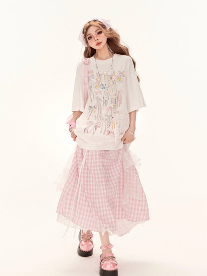 White Round Neck Bowknots Print Summer Loose T-Shirt