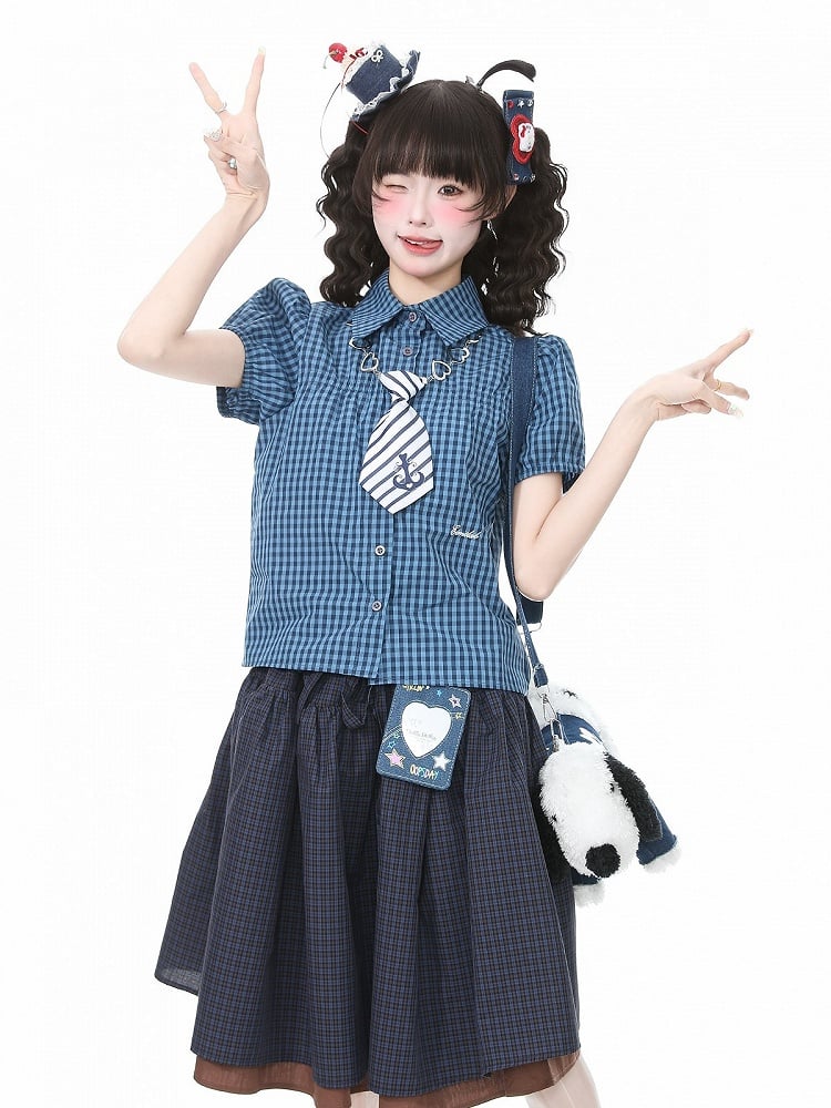 Blue Plaid Puff Sleeve Polo Shirt - Languid Park