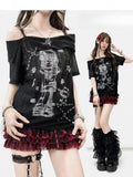 Mädchen Nieten T-Shirt Off-the-Shoulder Schwarz Details Print Cartoon Ausschnitt