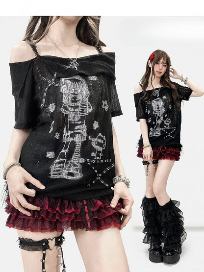 Girl Studs T-shirt Off-the-shoulder Black Details Print Cartoon Neckline