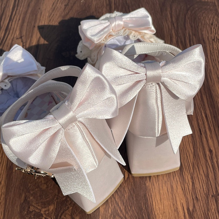Bow Heel Lolita Satin Heeled Champagne Hime Shoes 5cm Detachable with