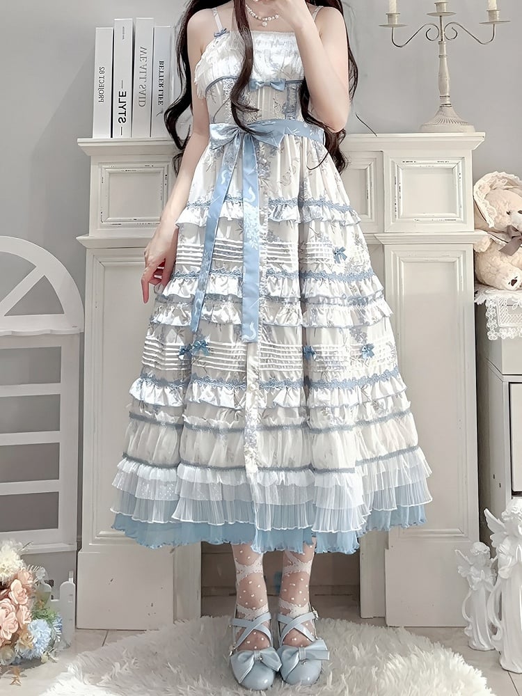 Ruffles White Floral Version Short Blue Lolita Classic Print Elegant Layered Dress