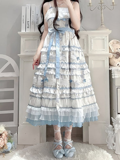 Ruffles White Floral Version Short Blue Lolita Classic Print Elegant Layered Dress