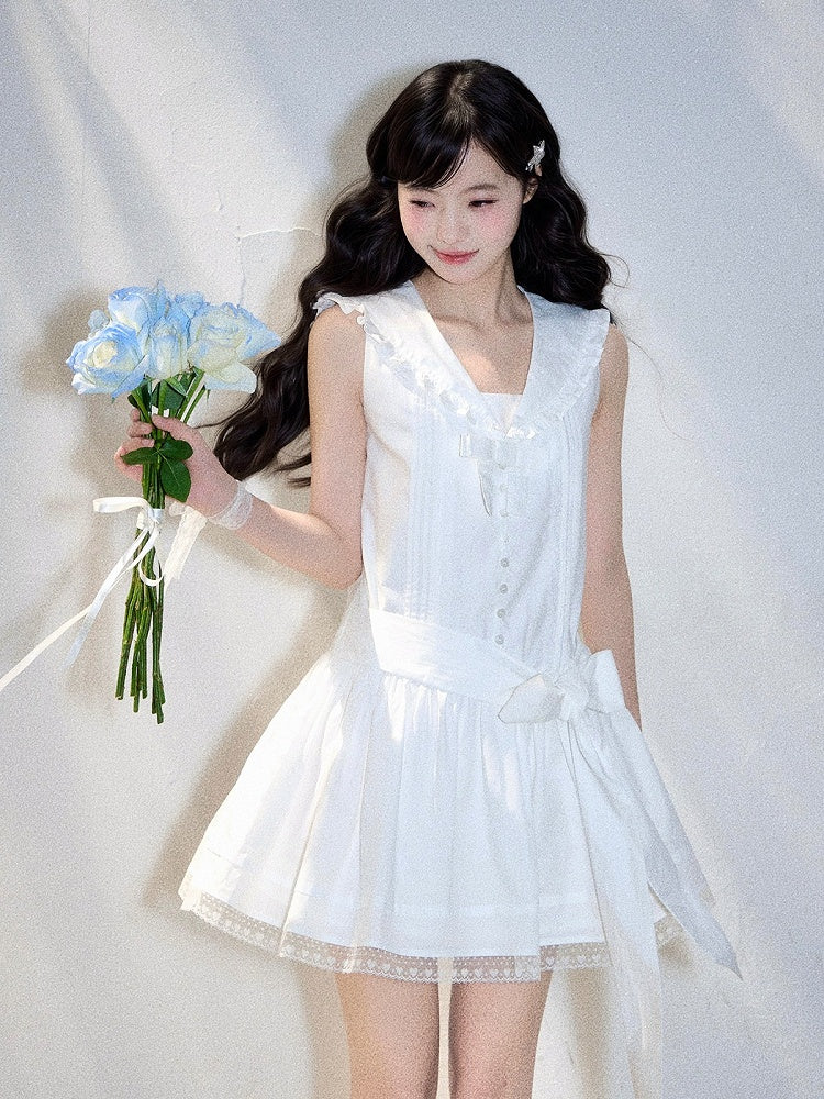 Kawaii White Sleeveless Ruffle Lace Dress - 11shop97