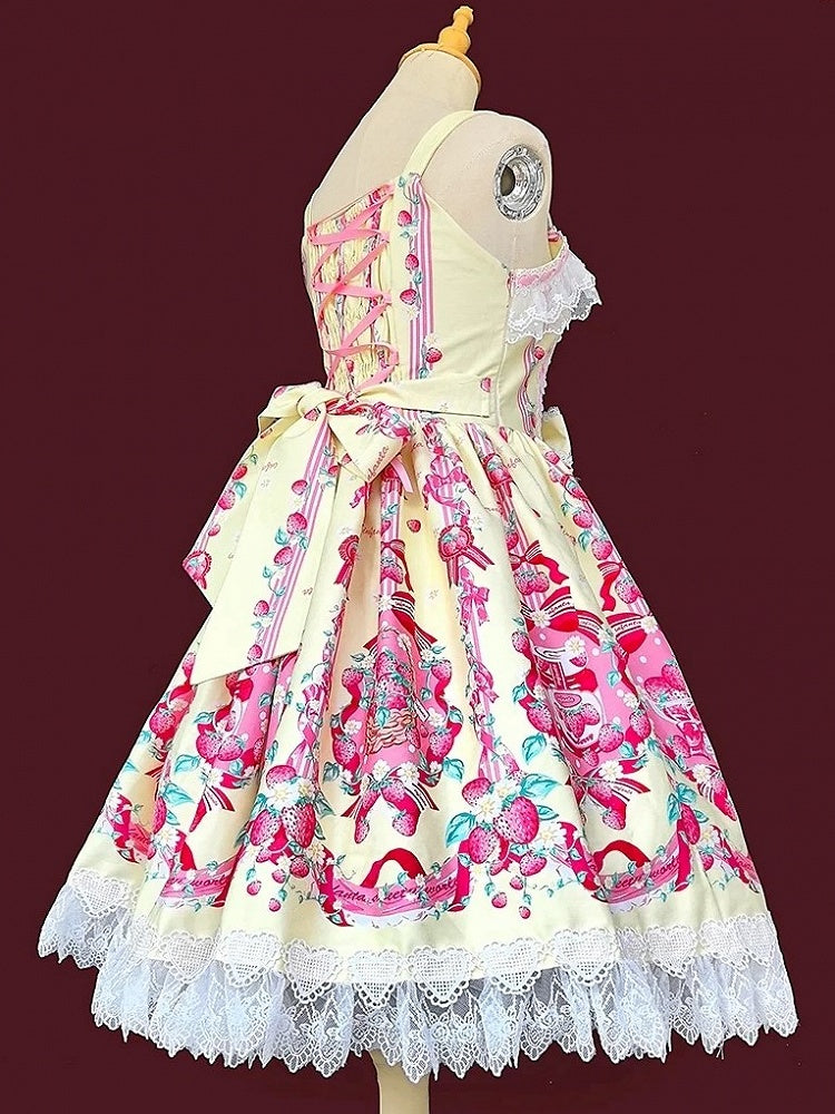 shaped with Heart Lolita Lace Yellow JSK Trim Sweet Dress Print Strawberry Pink