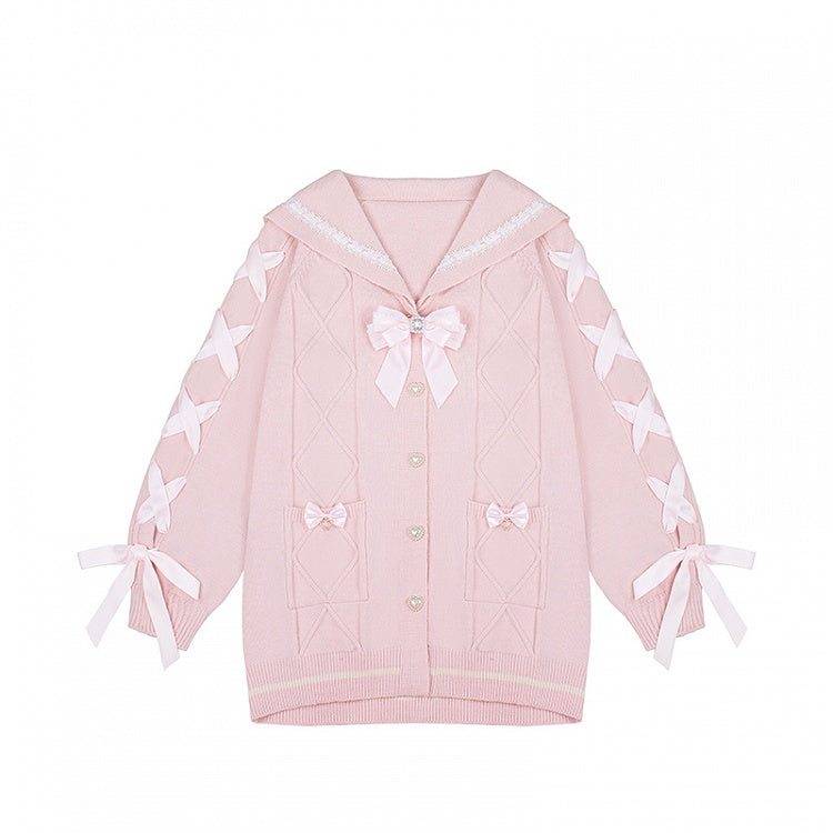 Sailor Heart Crossed Kei Jirai Sweet Pink Sweater Knit Collar Lacing Buttons with