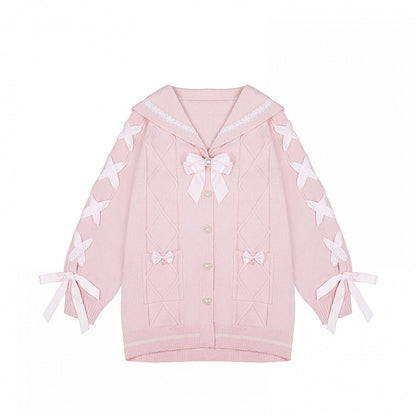 Sailor Heart Crossed Kei Jirai Sweet Pink Sweater Knit Collar Lacing Buttons with
