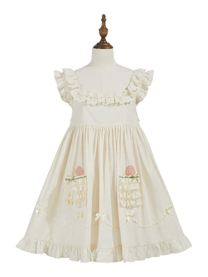 Beiges Baumwoll-Überkleid mit hoher Taille und Erdbeer-Applikation