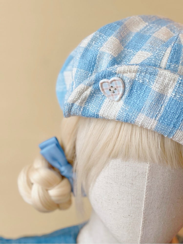 Doll Button Beret Mini Plaid Hat Bear White with Heart-Shaped Blue
