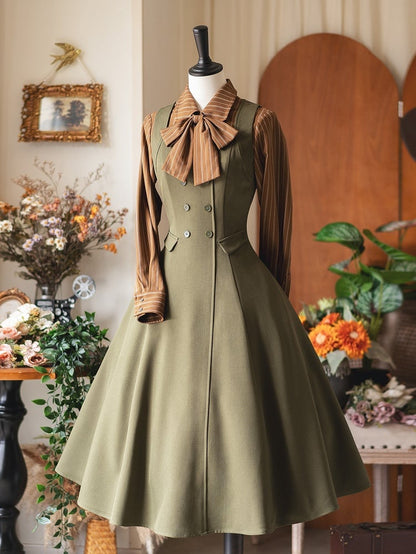 Retro Green Waist Olive Lacing Fashion and Midi Cinched Dress with Elegant Back