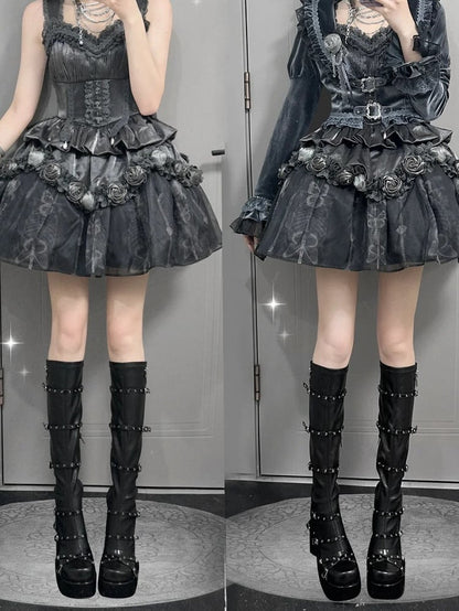 System Boots in Block Knee-High Slim Fastening with Black Platform Version Heel Hybrid PU High