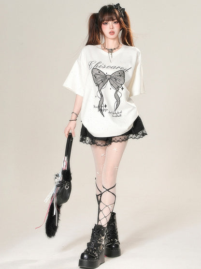 かわいいTシャツプリントアップリケとデイリーレターボウスタービッグホワイト/ブラック