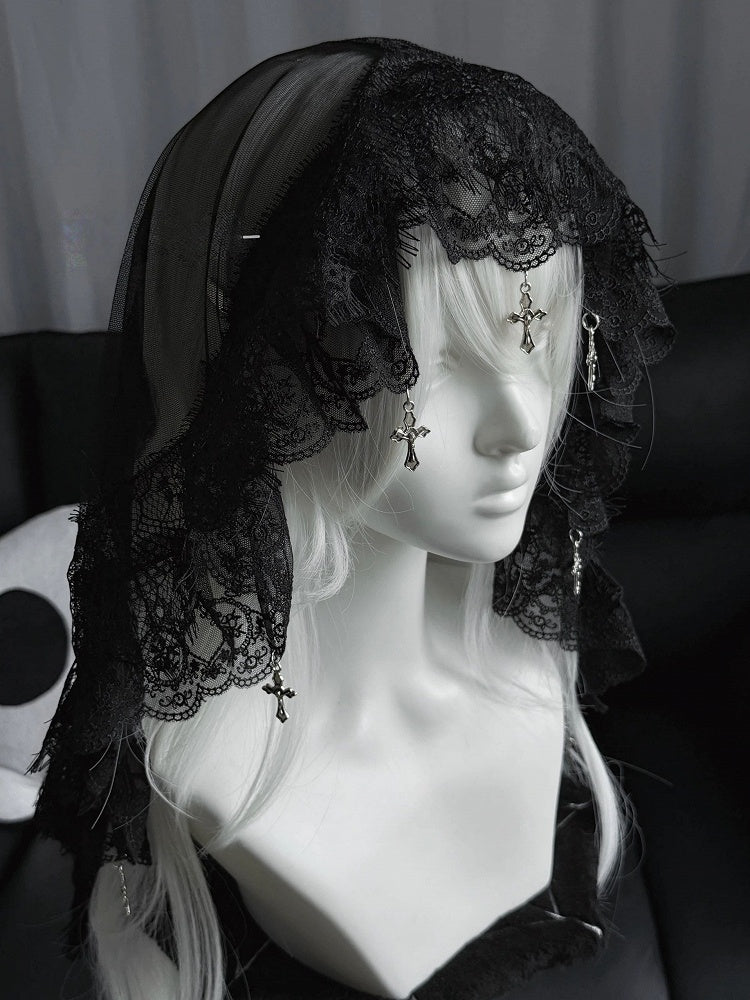 with Lace Gothic Black/White Cross Veil Lolita Charms