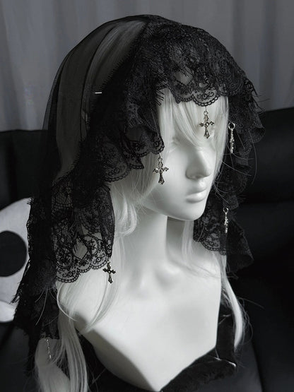 with Lace Gothic Black/White Cross Veil Lolita Charms