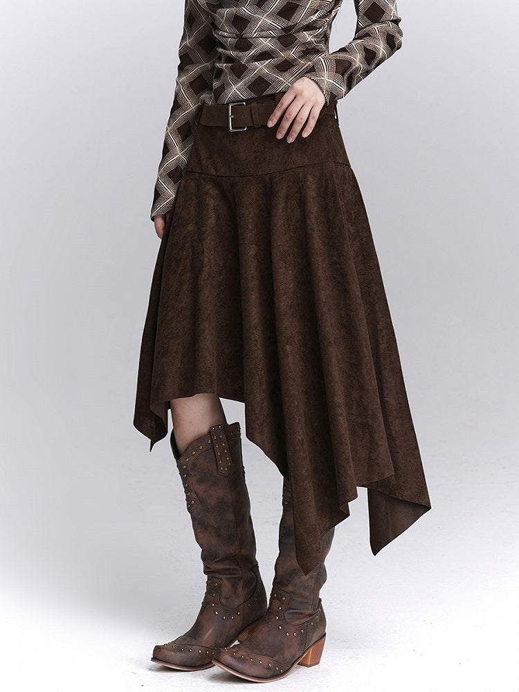 Coffee Belt Hem with Fashion A-Line Midi Skirt Suede Asymmetrical Maillard Handkerchief Matching