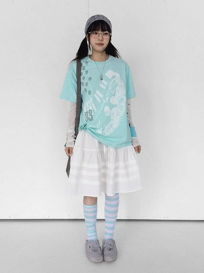 Mint Green Crew Neck Tee with Distressed Print - innomoood