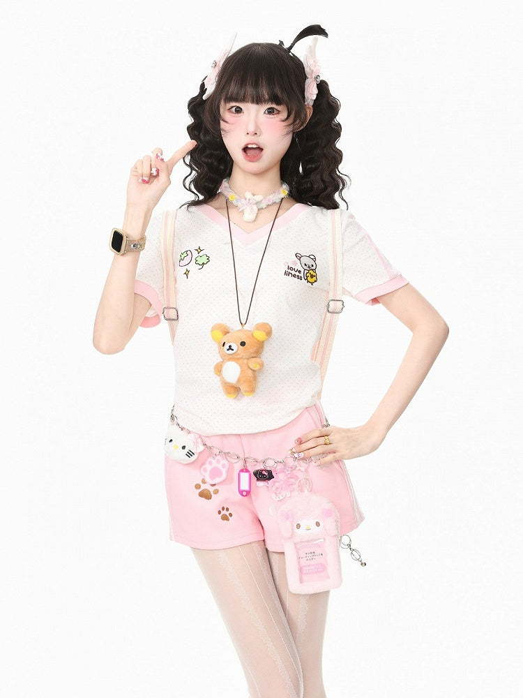 Pink Polka Dot Tee with Bear Embroidery and Doll Necklace - Languid Park