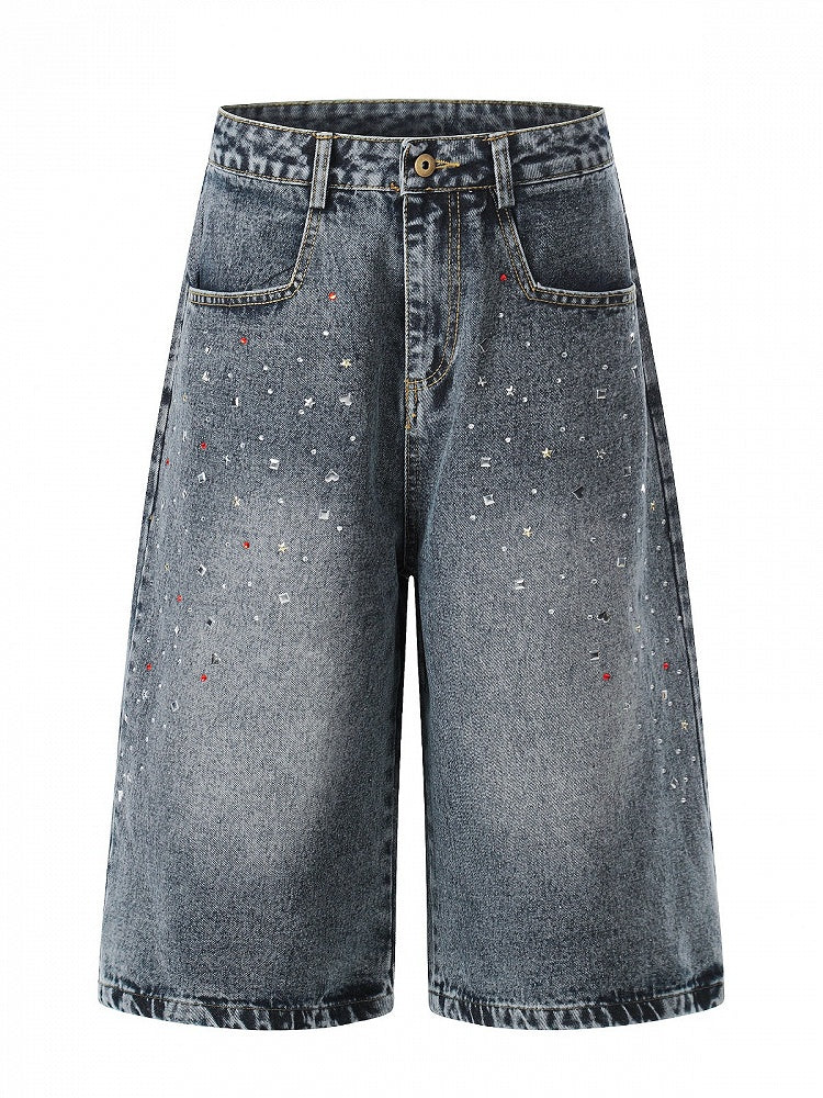 Washed Blue Cropped Wide Leg Rhinestone Jeans - Languid Park