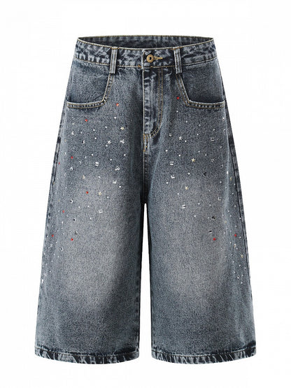 Washed Blue Cropped Wide Leg Rhinestone Jeans - Languid Park