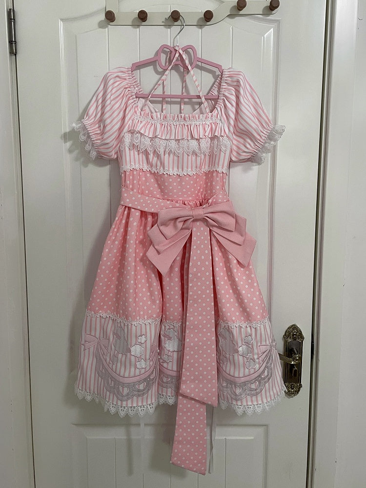 Polka Dot & Striped Pink Lolita Short Sleeve Dress with Poodle Patch - Infanta