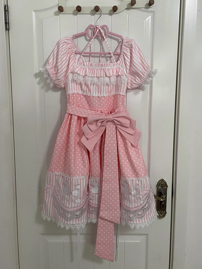 Polka Dot & Striped Pink Lolita Short Sleeve Dress with Poodle Patch - Infanta