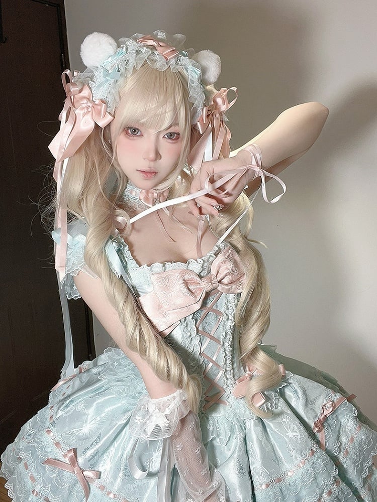 Lace Jacquard with Green Dress Princess Bow Lolita Details Multi-Layered
