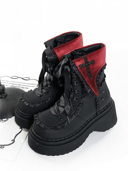 Red Gothic Studded Ankle with Accents Cross Boots Platform Details Black