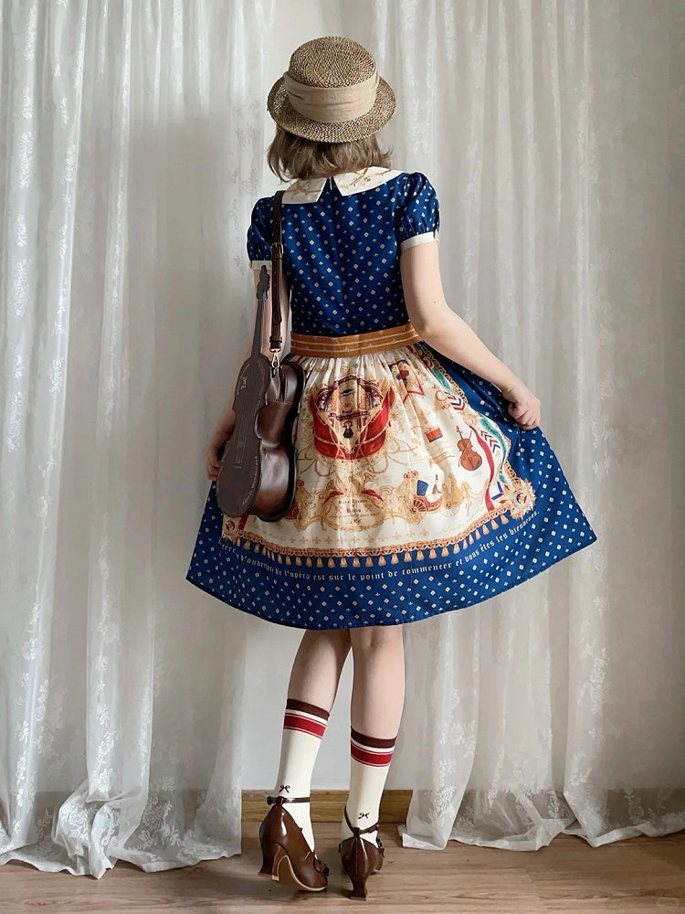 Short Dark Blue Musical Print Peter Pan Collar OP Dress with Tassels - Crucis Universal Tailor Company