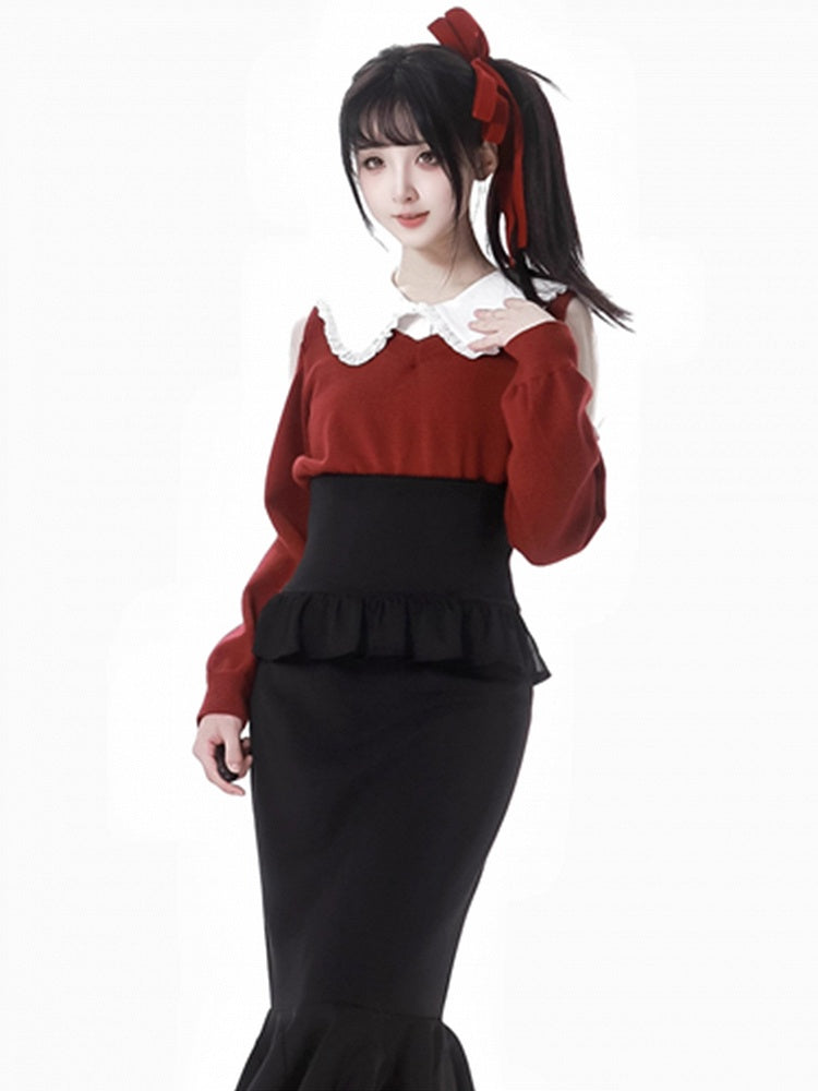 Wine Red/Grey Peter Pan Collar Sweater
