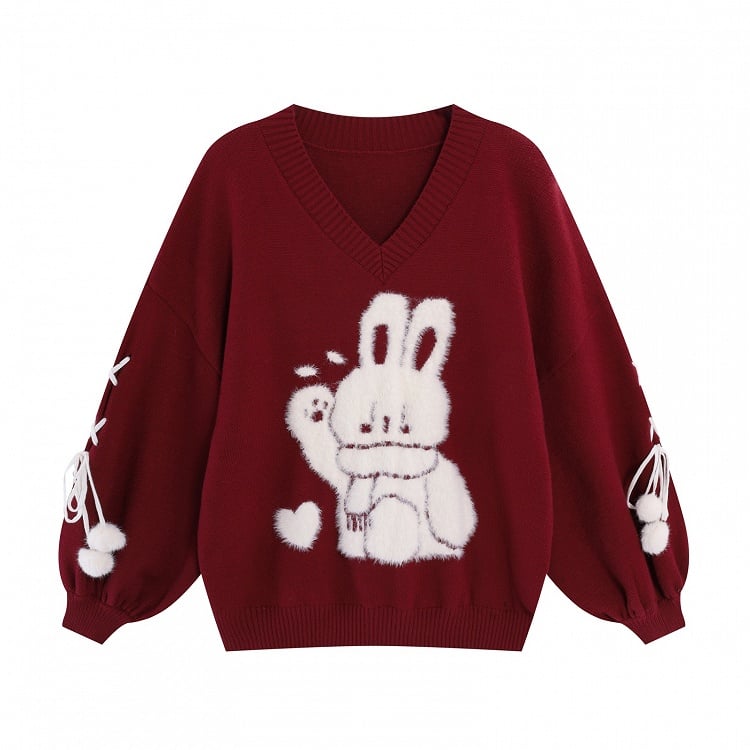 Black Cute Bunny V-neck Loose Sweater Lace-up Detail at Sleeves