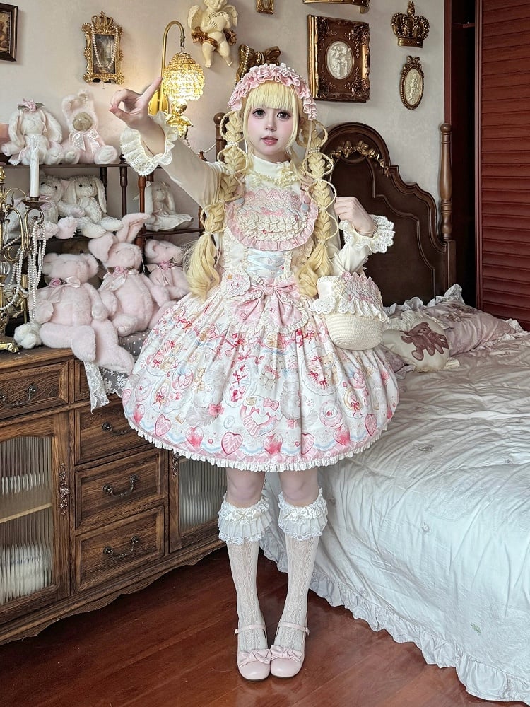 Strawberry and Cat Theme Sweet Pink Bow Lolita Overall Dress with Detachable Heart Brooch - wawao good night bear