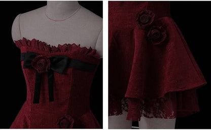 Weinrotes trägerloses Kleid mit Rosenverzierungen und Plüschschal-Set