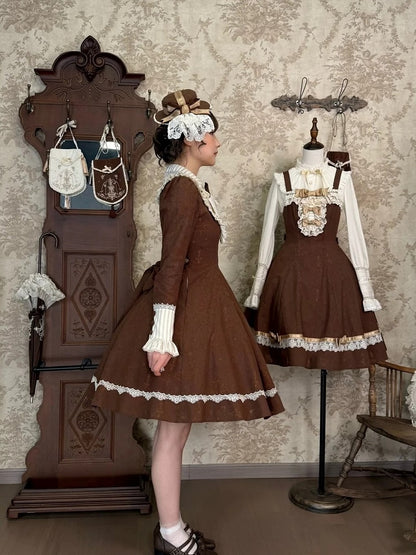 Brown Lace OP Dress with Detachable Bow - iris de nuit