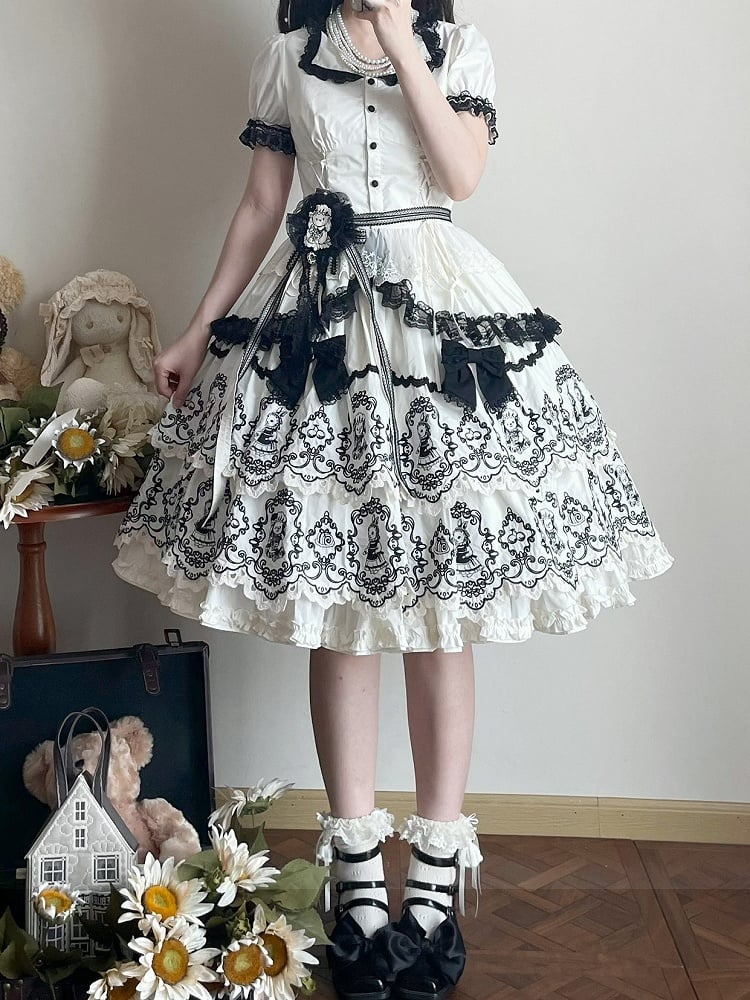 Lolita with Edge Scalloped Layered Elegant Trim Black Rabbit Pattern White Skirt
