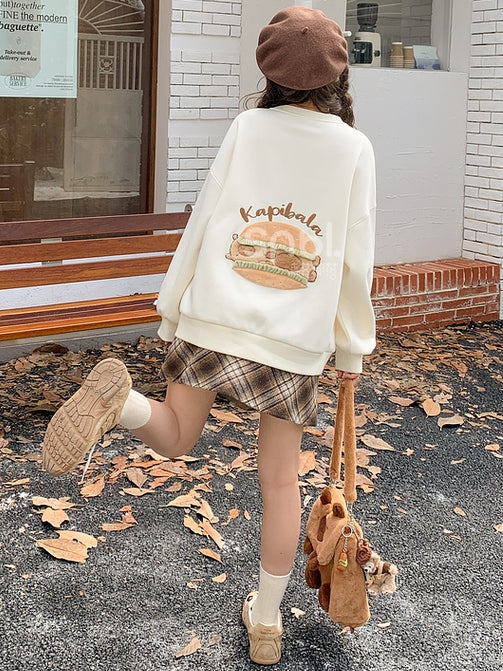 Süße Capybara Burger Applikation Beige Dickes Sweatshirt