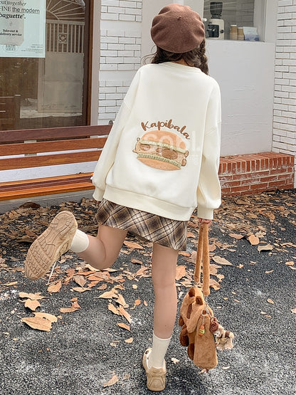 Süße Capybara Burger Applikation Beige Dickes Sweatshirt
