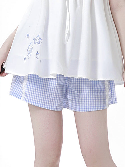 Shorts Blue Waist Elastic Plaid