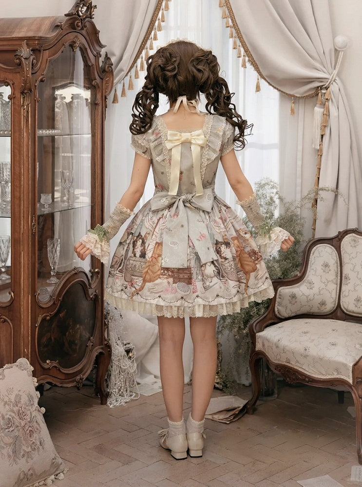 Green Cat Print Square Neckline Sweet Lolita JSK Dress with Plush Cat Patch - NyaNya
