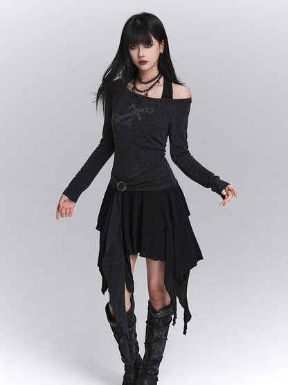 Skirt Gothic Faux Two-Piece Gray Hem Top Off-Shoulder Handkerchief Halter Dress: Studded Tiered Dark