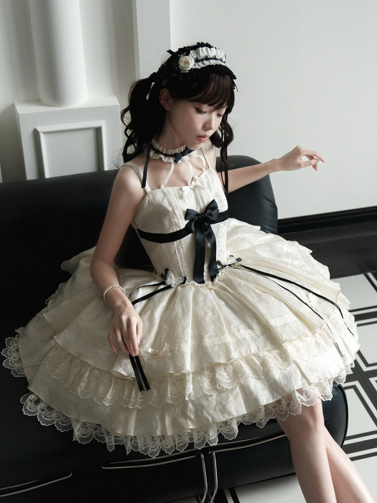 Apricot Lace-Trim JSK Dress with Black Bows - Die Die Zi