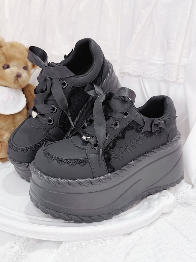 Shoes Cream Otaku - Black Trim with Details Platform Piping Bow Lace Kawaii