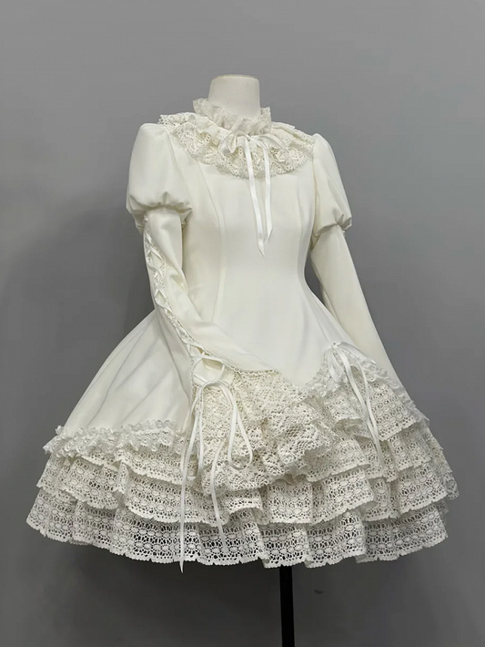 All White Ruff Collar Old School Long Sleeves Shiro Lolita Dress