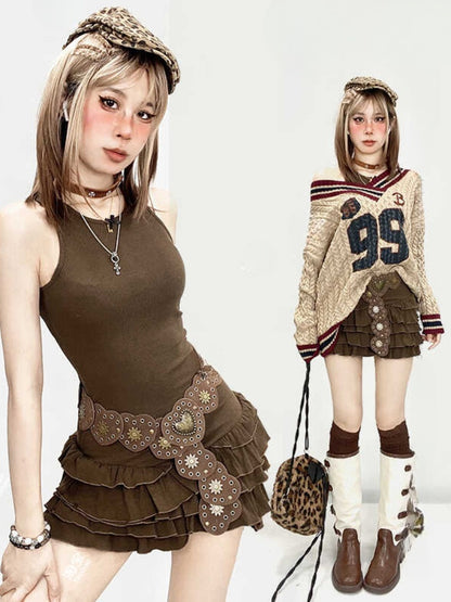 ミラードファッション ブラウン ウェイストランドパンク ハート型スタッズウエストベルト