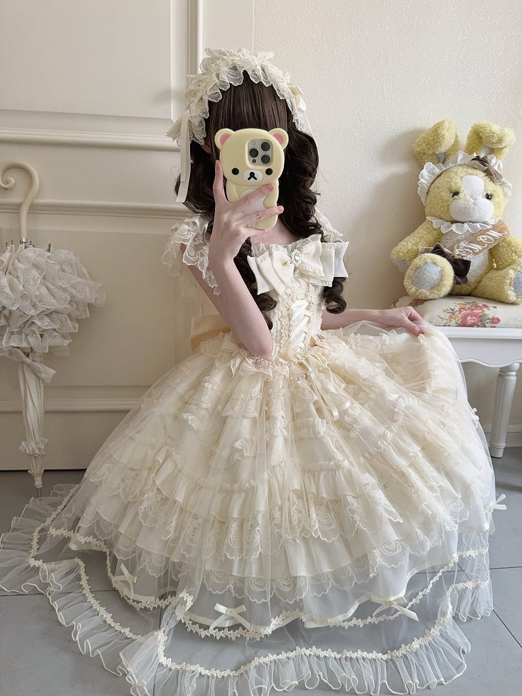 Gentle Apricot Details Lolita Lace Bows Multi-Layer with Dress Hanayome-Style Rhinestone JSK