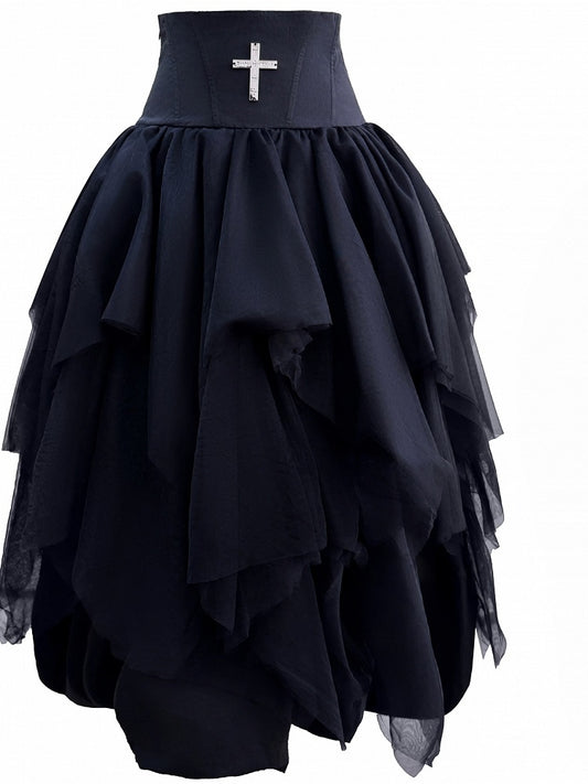 Bubble and Accent Length Tea Back Lace-Up White/Black Cross Tiered Skirt Metal with