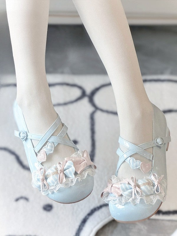 Toe Candy Round Shoes Low Mary Bows Jane Lolita Sweet Blue Heel - with