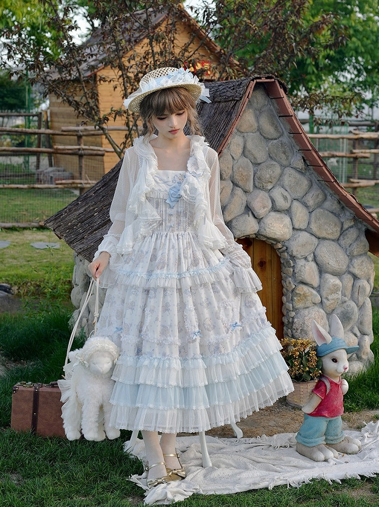 Blue Flower & Lamb Print Embroidered Neckline Lolita JSK Dress - Miss Point